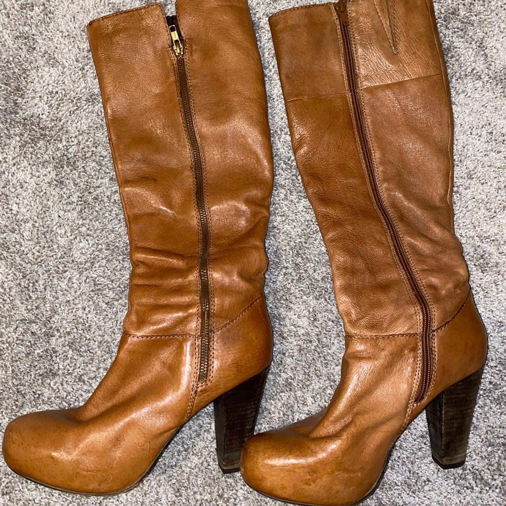 Brown leather platform tall boots